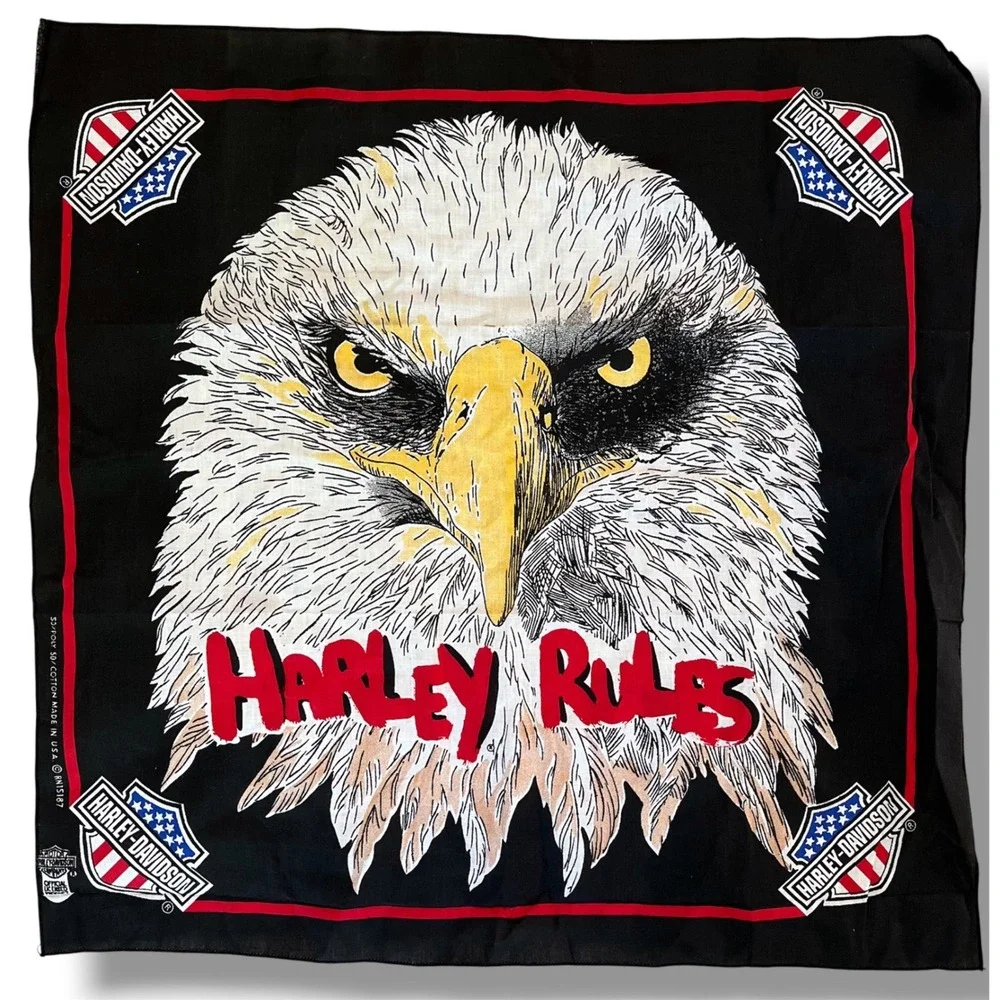Vintage Harley Davidson Bandana Harley Rules Eagle Black Cotton Blend USA Made